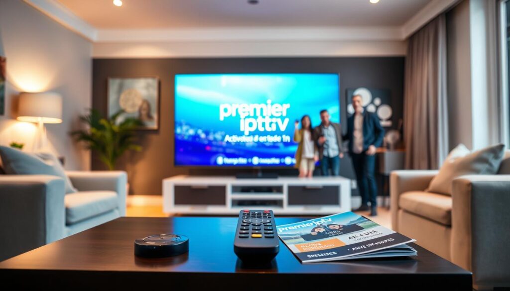 A modern French living room featuring a sleek, high-definition television displaying the "premier iptv" logo with vibrant 4K UHD visuals. In the foreground, a stylish coffee table holds a remote control and a subscription brochure, emphasizing activation in under five minutes. In the middle ground, a family of four, dressed in smart casual attire, appears excited while setting up the IPTV service, giving a sense of family-friendly atmosphere. The background showcases a cozy ambiance with soft, warm lighting and contemporary decor, enhancing the premium feel. The image should have a depth of field effect, focusing on the family and TV while softly blurring the surroundings to create an inviting mood conducive to relaxation and entertainment. A modern French living room featuring a sleek, high-definition television displaying the "premier iptv" logo with vibrant 4K UHD visuals. In the foreground, a stylish coffee table holds a remote control and a subscription brochure, emphasizing activation in under five minutes. In the middle ground, a family of four, dressed in smart casual attire, appears excited while setting up the IPTV service, giving a sense of family-friendly atmosphere. The background showcases a cozy ambiance with soft, warm lighting and contemporary decor, enhancing the premium feel. The image should have a depth of field effect, focusing on the family and TV while softly blurring the surroundings to create an inviting mood conducive to relaxation and entertainment.