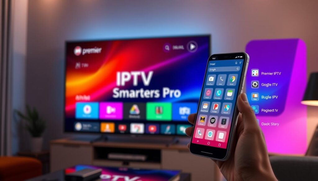 A modern and sleek digital interface displaying the features of "IPTV Smarters Pro" on a television screen and smartphone. In the foreground, the television showcases the user-friendly app interface with vibrant colors and intuitive navigation options, while the smartphone next to it illuminates similar features in a close-up view. The background features a cozy living room setup with subtle ambient lighting, enhancing the tech-savvy atmosphere. The scene conveys a tutorial vibe, showcasing the ease of downloading and installing the app on various devices. The brand name "premier IPTV" is subtly included within the app interface. The overall mood is modern and inviting, emphasizing the innovation of IPTV technology in everyday life.