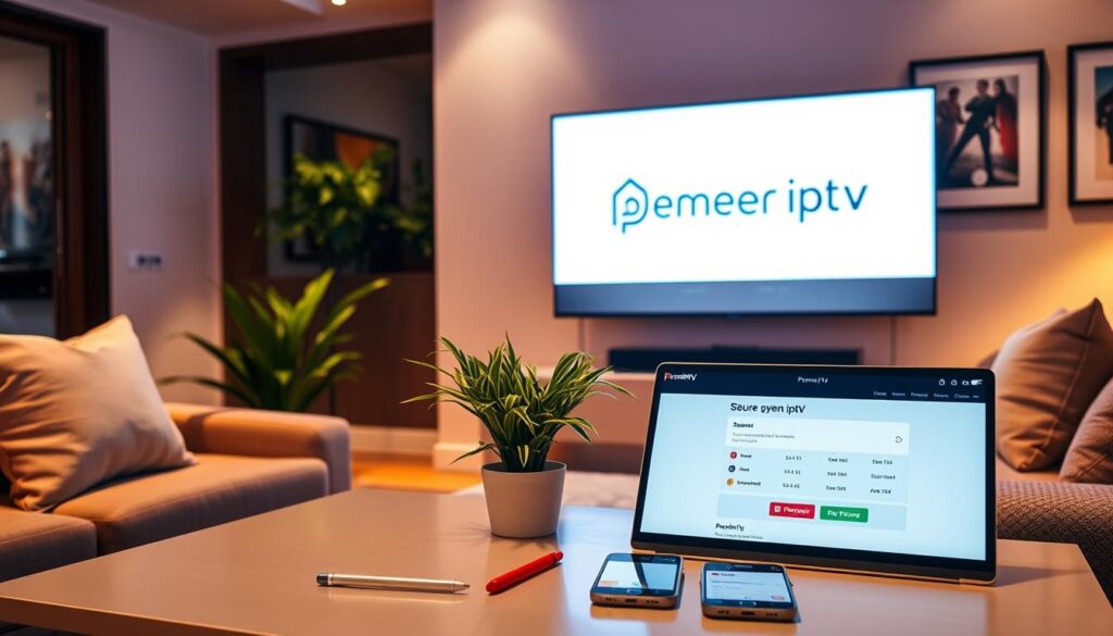 A modern living room setting illuminated with soft, warm lighting, showcasing a large flat-screen TV displaying the "premier iptv" logo prominently. In the foreground, a stylish coffee table features a laptop open to a secure payment page for IPTV subscriptions, with a mobile device beside it displaying payment options. The middle ground includes a potted plant and a cozy sofa adorned with elegant cushions, creating a premium atmosphere. The background shows a well-decorated wall with contemporary art, enhancing the upscale vibe. The composition is shot from a slightly elevated angle to capture the entire scene, evoking a sense of comfort and sophistication while emphasizing secure payment methods. A modern living room setting illuminated with soft, warm lighting, showcasing a large flat-screen TV displaying the "premier iptv" logo prominently. In the foreground, a stylish coffee table features a laptop open to a secure payment page for IPTV subscriptions, with a mobile device beside it displaying payment options. The middle ground includes a potted plant and a cozy sofa adorned with elegant cushions, creating a premium atmosphere. The background shows a well-decorated wall with contemporary art, enhancing the upscale vibe. The composition is shot from a slightly elevated angle to capture the entire scene, evoking a sense of comfort and sophistication while emphasizing secure payment methods.