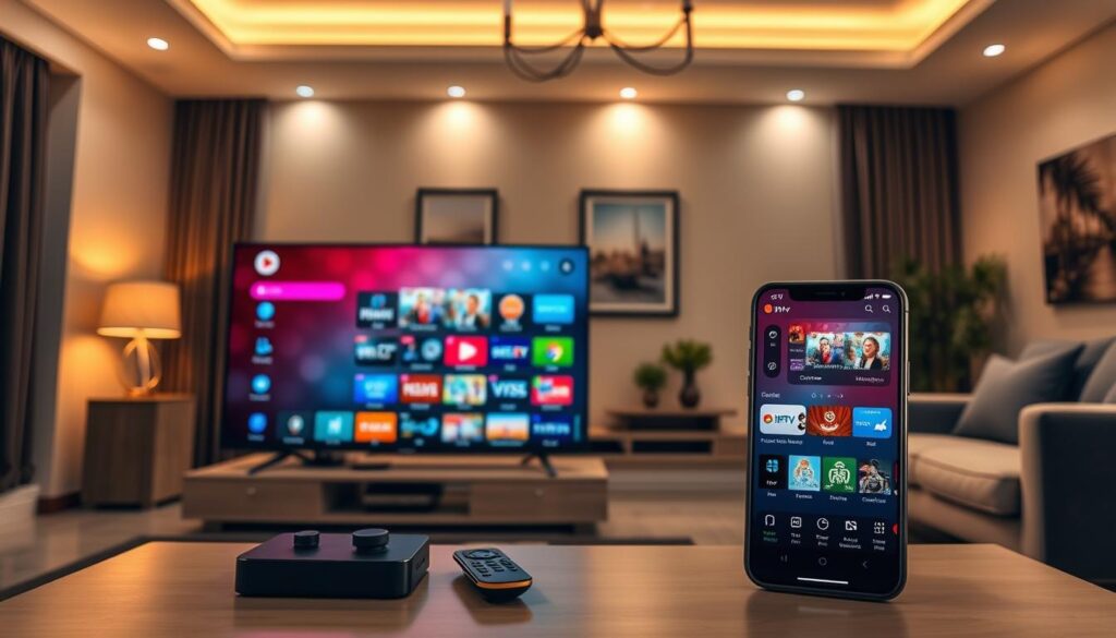 A modern, sleek digital workspace showcasing the IPTV Smarters Pro application interface on both a large TV screen and a smartphone. In the foreground, the TV displays a vibrant menu screen filled with colorful icons representing streaming options, while the smartphone features the same interface, highlighting user-friendly features like channel selection and playback controls. The background shows a cozy living room decorated with contemporary furniture, dimly lit with soft glow lamps to create a welcoming ambiance. A stylish coffee table sits in front of the TV, adorned with tech gadgets and a remote control. The atmosphere is relaxed yet professional, reflecting an intuitive and modern viewing experience. Include the brand name "premier iptv" subtly in the design. Aim for a slightly elevated angle to capture both screens clearly, enhancing the visual appeal of the application.