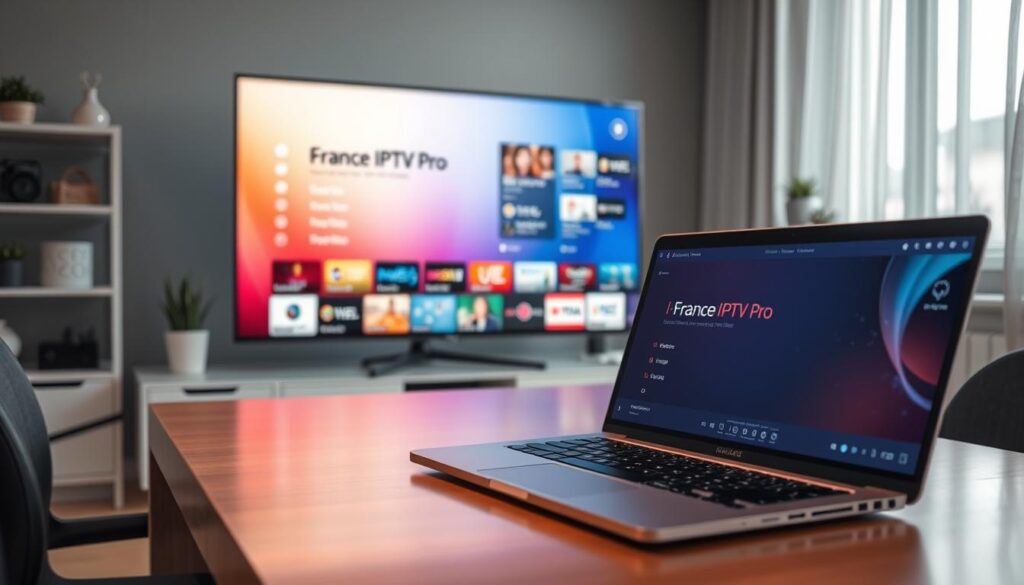 A modern, sleek workspace featuring a large, high-resolution screen displaying a vibrant IPTV playlist with channels listed in a user-friendly interface. In the foreground, a stylish laptop sits open, reflecting a sophisticated tech environment. The setting is illuminated with soft, warm lighting, creating an inviting and focused atmosphere. Ergonomic furniture, like a minimalist desk and chair, complements the scene. The background showcases subtle elements of a home office, with decorative plants and a simple bookshelf. On the screen, the branding "France IPTV Pro" is prominently displayed, suggesting high-quality streaming options. The overall mood is professional yet cozy, ideal for tech enthusiasts eager to configure their IPTV setups. A modern, sleek workspace featuring a large, high-resolution screen displaying a vibrant IPTV playlist with channels listed in a user-friendly interface. In the foreground, a stylish laptop sits open, reflecting a sophisticated tech environment. The setting is illuminated with soft, warm lighting, creating an inviting and focused atmosphere. Ergonomic furniture, like a minimalist desk and chair, complements the scene. The background showcases subtle elements of a home office, with decorative plants and a simple bookshelf. On the screen, the branding "France IPTV Pro" is prominently displayed, suggesting high-quality streaming options. The overall mood is professional yet cozy, ideal for tech enthusiasts eager to configure their IPTV setups.