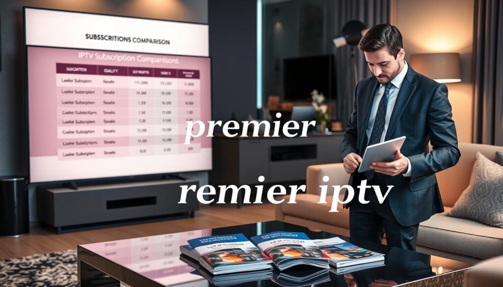 A modern, visually engaging scene depicting a stylish living room with a large, illuminated screen displaying IPTV subscription comparison charts. In the foreground, a well-dressed professional in business attire is analyzing the data on a tablet, showcasing various subscription prices for 1, 3, 6, and 12 months. The middle ground features a sleek coffee table adorned with subscription brochures, emphasizing quality and a premium ambiance. The background includes tasteful decor, a cozy couch, and soft lighting that creates an inviting and sophisticated atmosphere. The overall mood is informative and reassuring. Prominently display the brand name "premier iptv" in a sophisticated and elegant manner, styled to match the overall decor. A modern, visually engaging scene depicting a stylish living room with a large, illuminated screen displaying IPTV subscription comparison charts. In the foreground, a well-dressed professional in business attire is analyzing the data on a tablet, showcasing various subscription prices for 1, 3, 6, and 12 months. The middle ground features a sleek coffee table adorned with subscription brochures, emphasizing quality and a premium ambiance. The background includes tasteful decor, a cozy couch, and soft lighting that creates an inviting and sophisticated atmosphere. The overall mood is informative and reassuring. Prominently display the brand name "premier iptv" in a sophisticated and elegant manner, styled to match the overall decor.