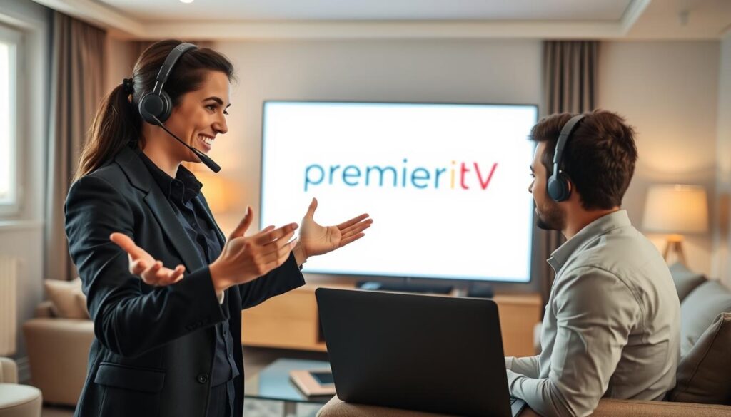 A professional customer support scene set in a modern French living room, featuring a sleek, illuminated TV displaying the "premier iptv" logo. In the foreground, a friendly customer service representative, dressed in business casual attire, gestures towards the screen while engaging with a client on a laptop. The middle background shows a cozy sofa and contemporary decor, creating a warm and inviting atmosphere. Soft, natural lighting from a nearby window enhances the premium feel of the space. The mood is welcoming and reassuring, emphasizing clarity in communication and the commitment to technical assistance. The composition should be balanced, with a focus on the representative and the engaging setup, depicting the essence of effective client support. A professional customer support scene set in a modern French living room, featuring a sleek, illuminated TV displaying the "premier iptv" logo. In the foreground, a friendly customer service representative, dressed in business casual attire, gestures towards the screen while engaging with a client on a laptop. The middle background shows a cozy sofa and contemporary decor, creating a warm and inviting atmosphere. Soft, natural lighting from a nearby window enhances the premium feel of the space. The mood is welcoming and reassuring, emphasizing clarity in communication and the commitment to technical assistance. The composition should be balanced, with a focus on the representative and the engaging setup, depicting the essence of effective client support.