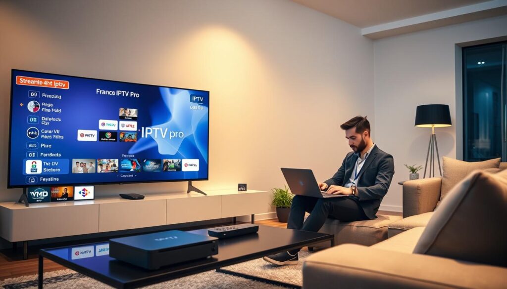 A sleek, modern living room setting showcasing a high-definition television displaying an interface for "France IPTV Pro" with a detailed channel list. In the foreground, a person in professional attire is casually interacting with a laptop, demonstrating the ease of accessing free IPTV streaming. The middle ground features a stylish coffee table with streaming equipment and a comfortable couch, while the background shows soft, ambient lighting enhancing a cozy atmosphere. The room is softly illuminated, giving a warm and inviting feeling, and the angle captures both the TV and the person, emphasizing the concept of streaming IPTV. The composition should reflect a blend of technology and comfort, illustrating the accessibility and quality of free 4K UHD streaming. A sleek, modern living room setting showcasing a high-definition television displaying an interface for "France IPTV Pro" with a detailed channel list. In the foreground, a person in professional attire is casually interacting with a laptop, demonstrating the ease of accessing free IPTV streaming. The middle ground features a stylish coffee table with streaming equipment and a comfortable couch, while the background shows soft, ambient lighting enhancing a cozy atmosphere. The room is softly illuminated, giving a warm and inviting feeling, and the angle captures both the TV and the person, emphasizing the concept of streaming IPTV. The composition should reflect a blend of technology and comfort, illustrating the accessibility and quality of free 4K UHD streaming.