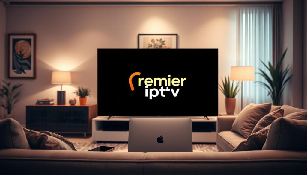A sleek, modern living room setting showcasing a premium IPTV service. In the foreground, a stylish flat-screen TV displays the brand logo "premier iptv" prominently. The middle ground features a cozy sofa with a laptop and a smartphone resting nearby, suggesting secure online payment options. The background displays soft, ambient lighting that creates a luxurious atmosphere. The room is decorated elegantly with contemporary artwork and plants, emphasizing a sense of sophistication. A warm light filters in from a window, enhancing the inviting mood. The entire scene conveys trust and security in IPTV subscriptions, perfect for illustrating payment safety and recommended information before purchasing. Soft shadows and focused lighting add depth to the image. A sleek, modern living room setting showcasing a premium IPTV service. In the foreground, a stylish flat-screen TV displays the brand logo "premier iptv" prominently. The middle ground features a cozy sofa with a laptop and a smartphone resting nearby, suggesting secure online payment options. The background displays soft, ambient lighting that creates a luxurious atmosphere. The room is decorated elegantly with contemporary artwork and plants, emphasizing a sense of sophistication. A warm light filters in from a window, enhancing the inviting mood. The entire scene conveys trust and security in IPTV subscriptions, perfect for illustrating payment safety and recommended information before purchasing. Soft shadows and focused lighting add depth to the image.