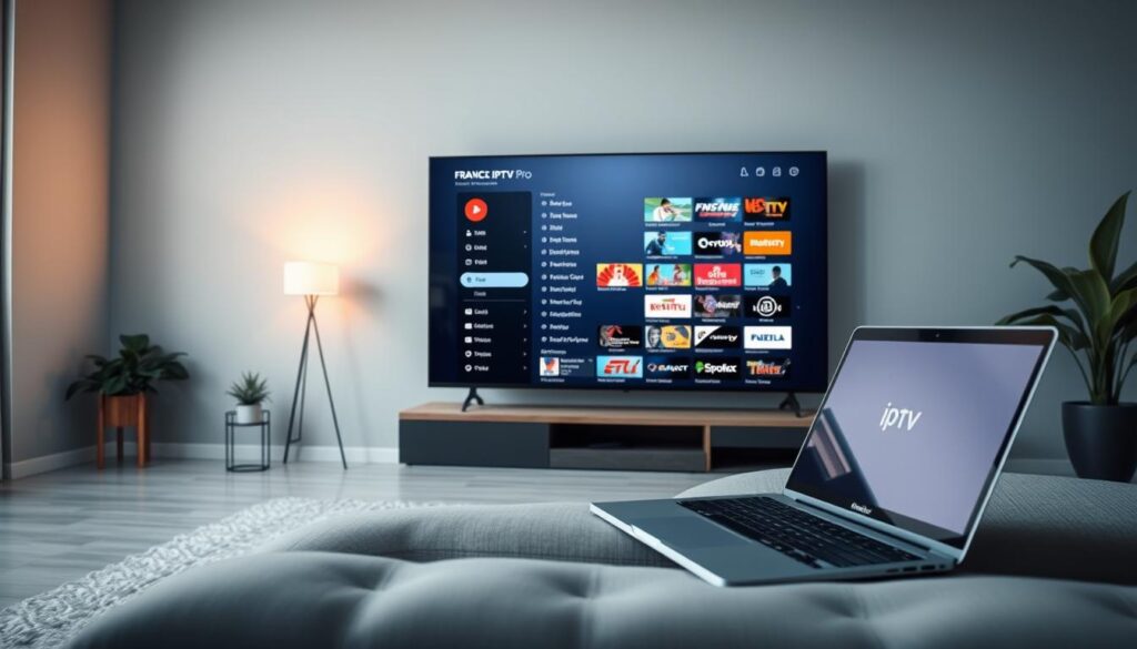 A sleek, modern living room with a large flat-screen TV displaying a list of IPTV channels, emphasizing the concept of free streaming. In the foreground, a stylish laptop sits on a coffee table, showing the interface of "France IPTV Pro" in high-resolution detail. The middle layer features a soft, ambient light coming from a nearby window, casting a warm glow across the room, creating a relaxed atmosphere. In the background, subtle shades of gray and blue suggest a tech-savvy environment, while hints of greenery from potted plants provide a calming balance. The mood is contemplative, reflecting on the technical limitations and realities of free IPTV services in 2026, encouraging viewers to consider the quality and subscription aspects of the experience. A sleek, modern living room with a large flat-screen TV displaying a list of IPTV channels, emphasizing the concept of free streaming. In the foreground, a stylish laptop sits on a coffee table, showing the interface of "France IPTV Pro" in high-resolution detail. The middle layer features a soft, ambient light coming from a nearby window, casting a warm glow across the room, creating a relaxed atmosphere. In the background, subtle shades of gray and blue suggest a tech-savvy environment, while hints of greenery from potted plants provide a calming balance. The mood is contemplative, reflecting on the technical limitations and realities of free IPTV services in 2026, encouraging viewers to consider the quality and subscription aspects of the experience.